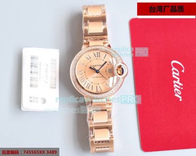 Copy Ballon Bleu De Cartier Women's Watch Rose Gold Dial Rose Gold band Diamonds Bezel 33mm